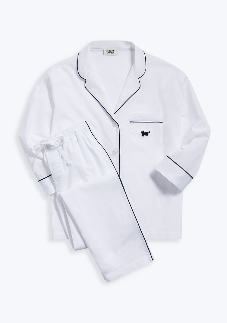Marina Pajama Set in Hand-Embroidered Black Cat